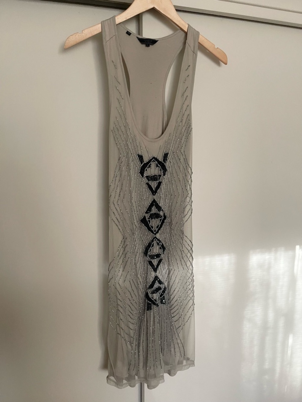 Beaded Taupe Sleeveless Dress with Geometric Sequin Detail